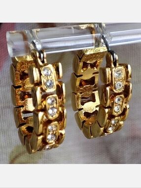 Nolan Miller Vintage Signed Gold Tone Rhinestone Hoop Pierced Earrings Horseshoe